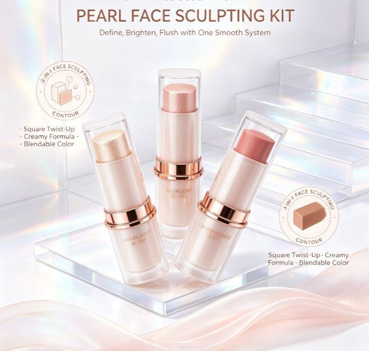 3-Color Cream Blush & Highlighter Stick Set - Waterproof Shimmer Makeup with Brush for Daily & Party Glow
