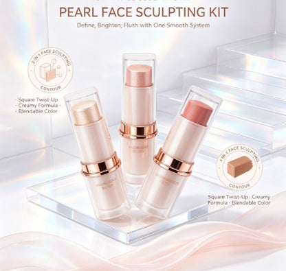3-Color Cream Blush & Highlighter Stick Set - Waterproof Shimmer Makeup with Brush for Daily & Party Glow