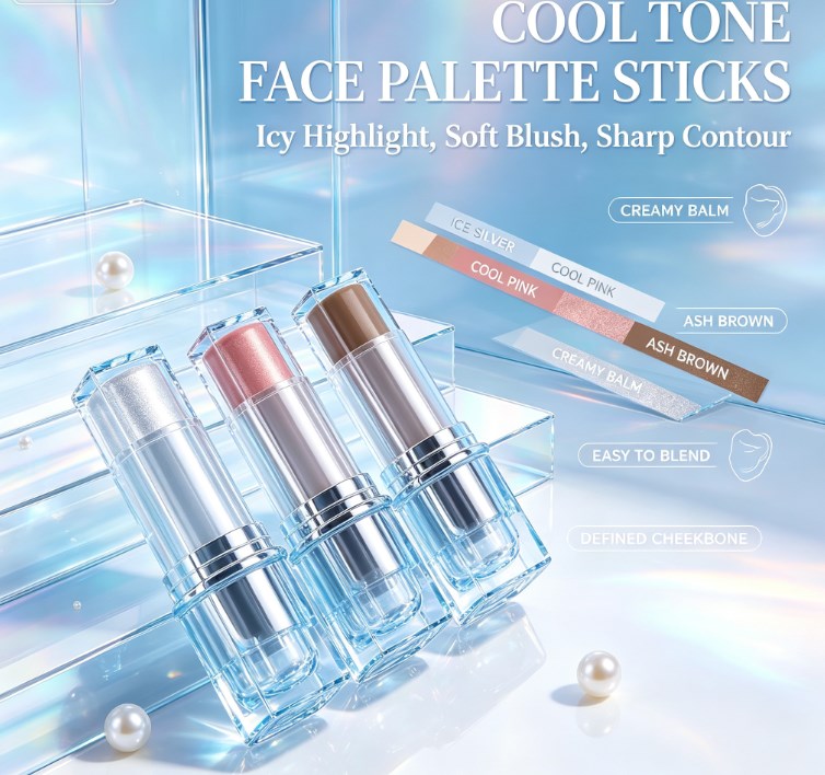 3-Color Cream Blush & Highlighter Stick Set - Waterproof Shimmer Makeup with Brush for Daily & Party Glow
