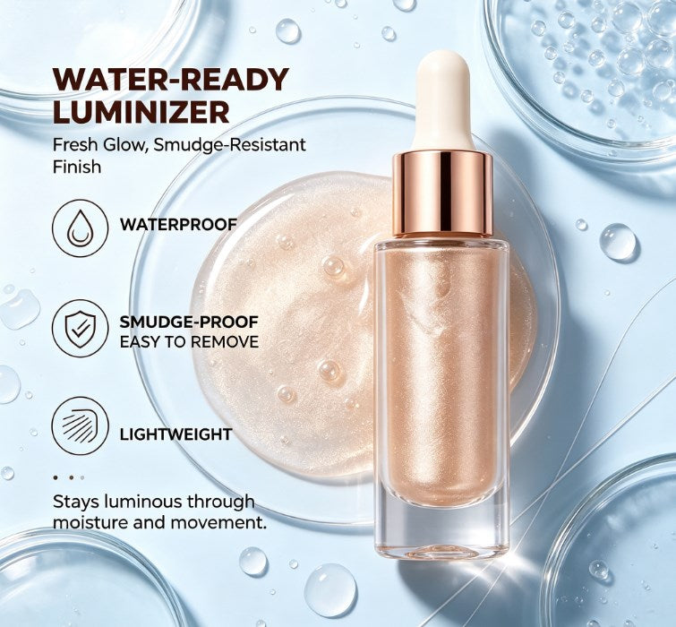 Metallic Liquid Highlighter Drops - Waterproof & Sweatproof Face & Body Glow Makeup in 6 Shades